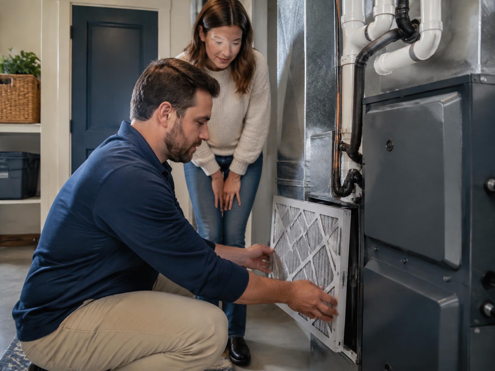 A home helper replacing a furnace filter while the homeowner looks on